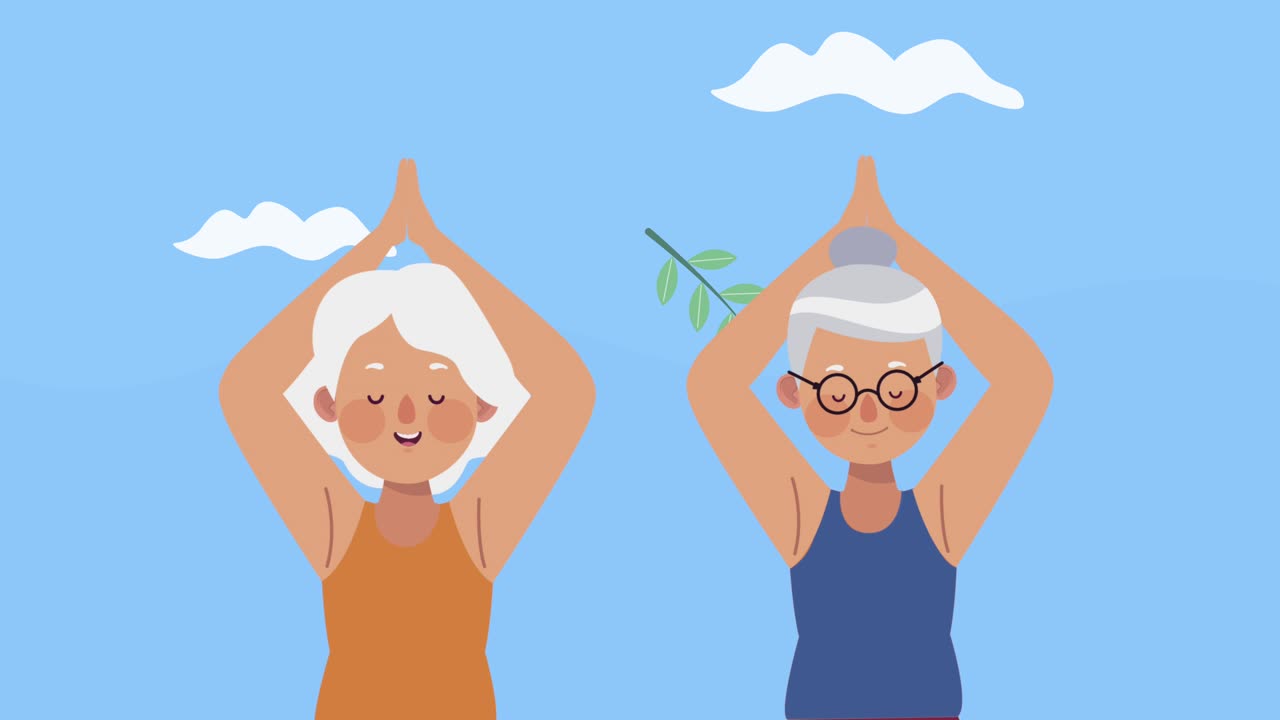 old women practicing yoga animation