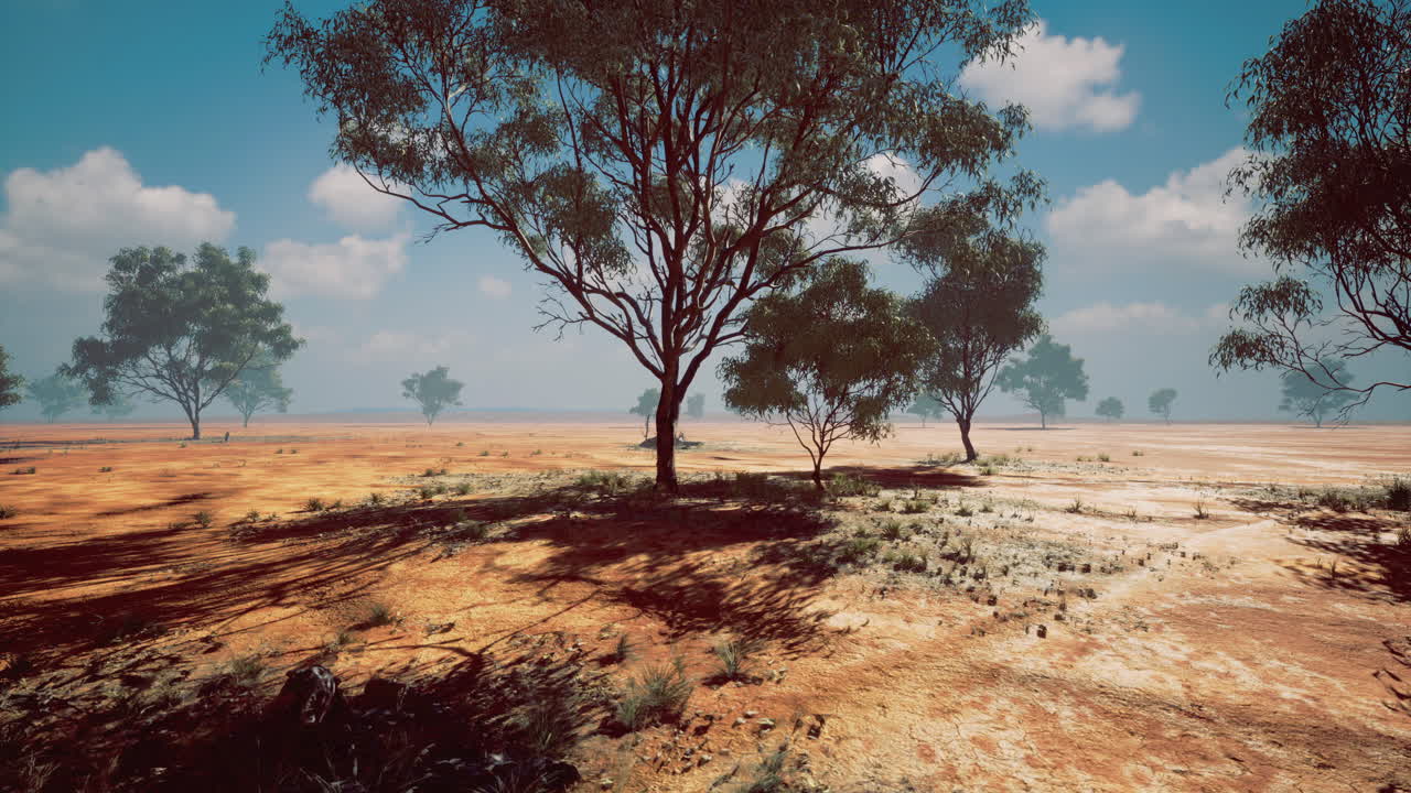 Dry australian landscape with sparse trees under a blue sky