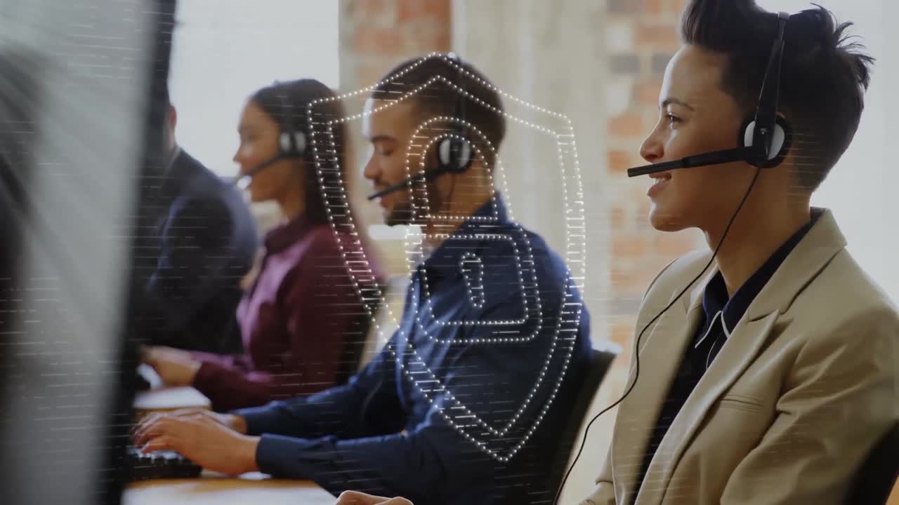 Animation of padlock icon and data processing over diverse business people in office