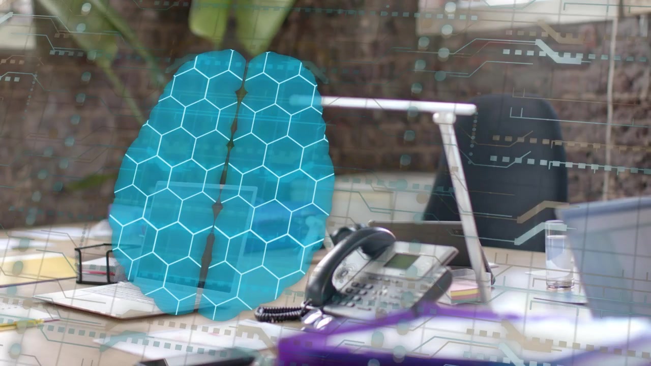 Stylized blue brain-shaped graphic popping into view, rotating and pulsing, revealing desk details
