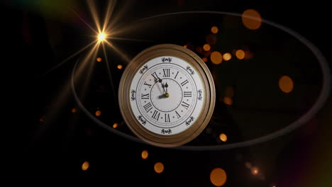 Animation-of-retro-clock-ticking-showing-midnight-with-fireworks-on-black-background