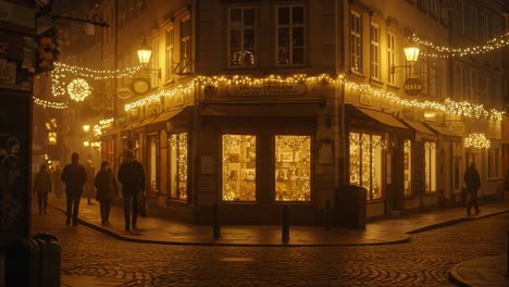 charming evening scene of a festively lit storefront in a misty street, showcasing warm lights and people strolling along cobblestone pathways