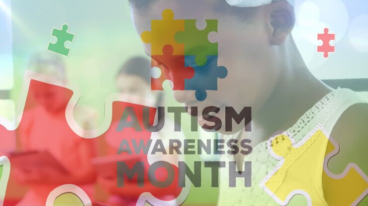 Animation of autism awareness month text over diverse schoolchildren