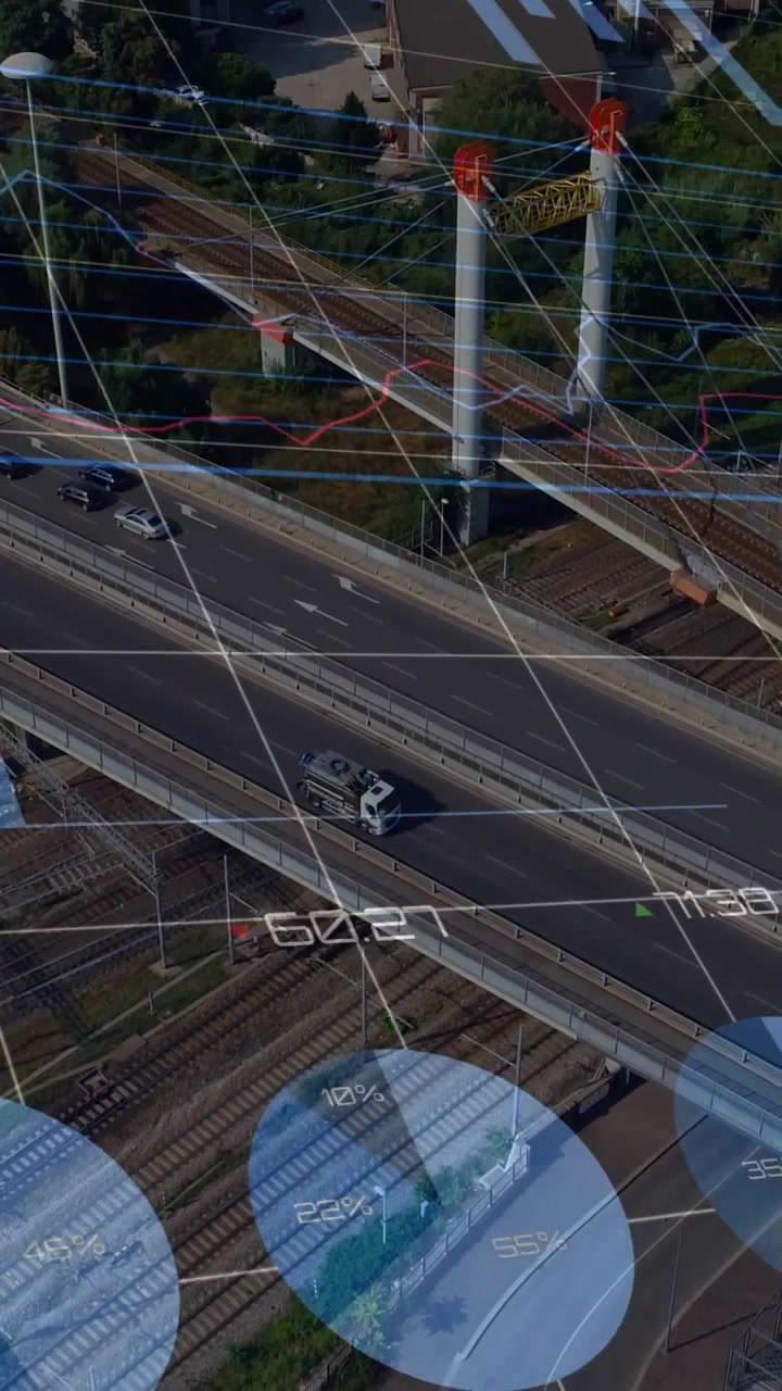 Vertical video: Faint grid sparking data overlays, blue bars growing and nodes tracking traffic