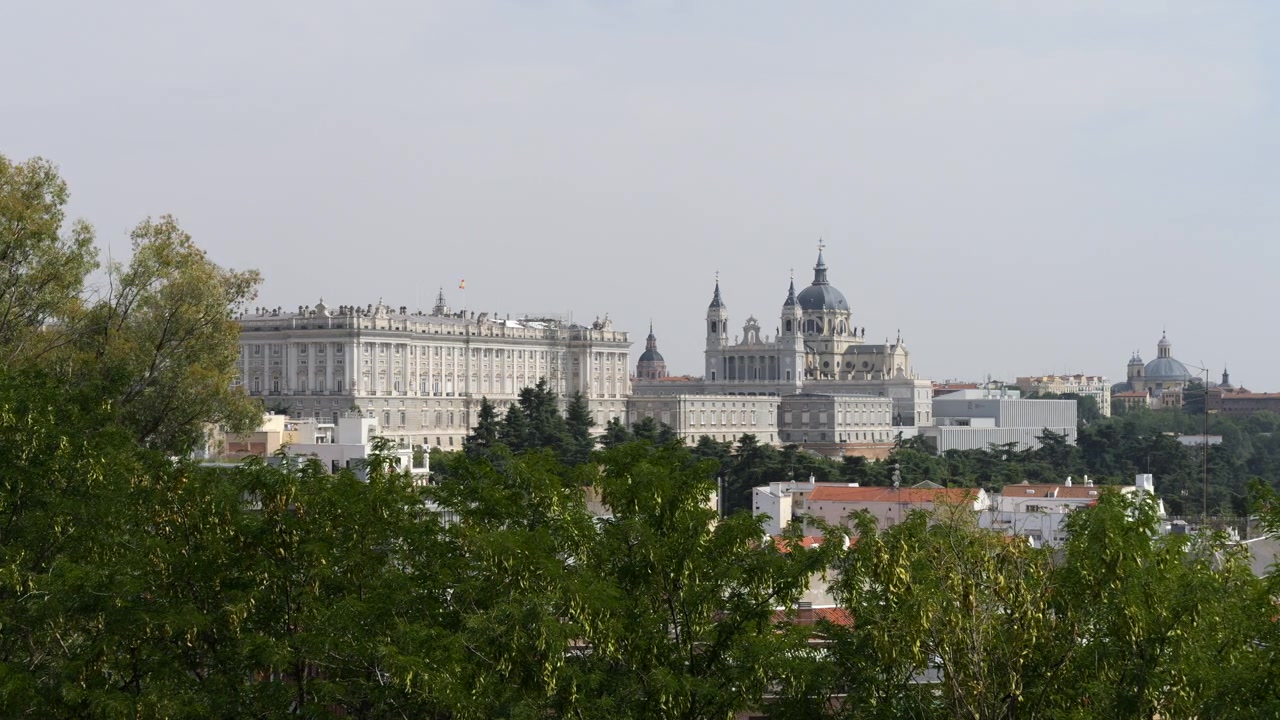 Skyline del Palazzo Reale Storico e della Cattedrale dell'Almudena sopra le cime degli alberi in una giornata di sole a Madrid, Spagna. Inquadratura statica ampia
