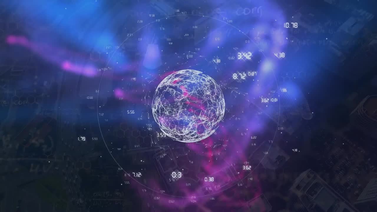 Animation of globe in circle, numbers and abstract pattern over aerial view of city