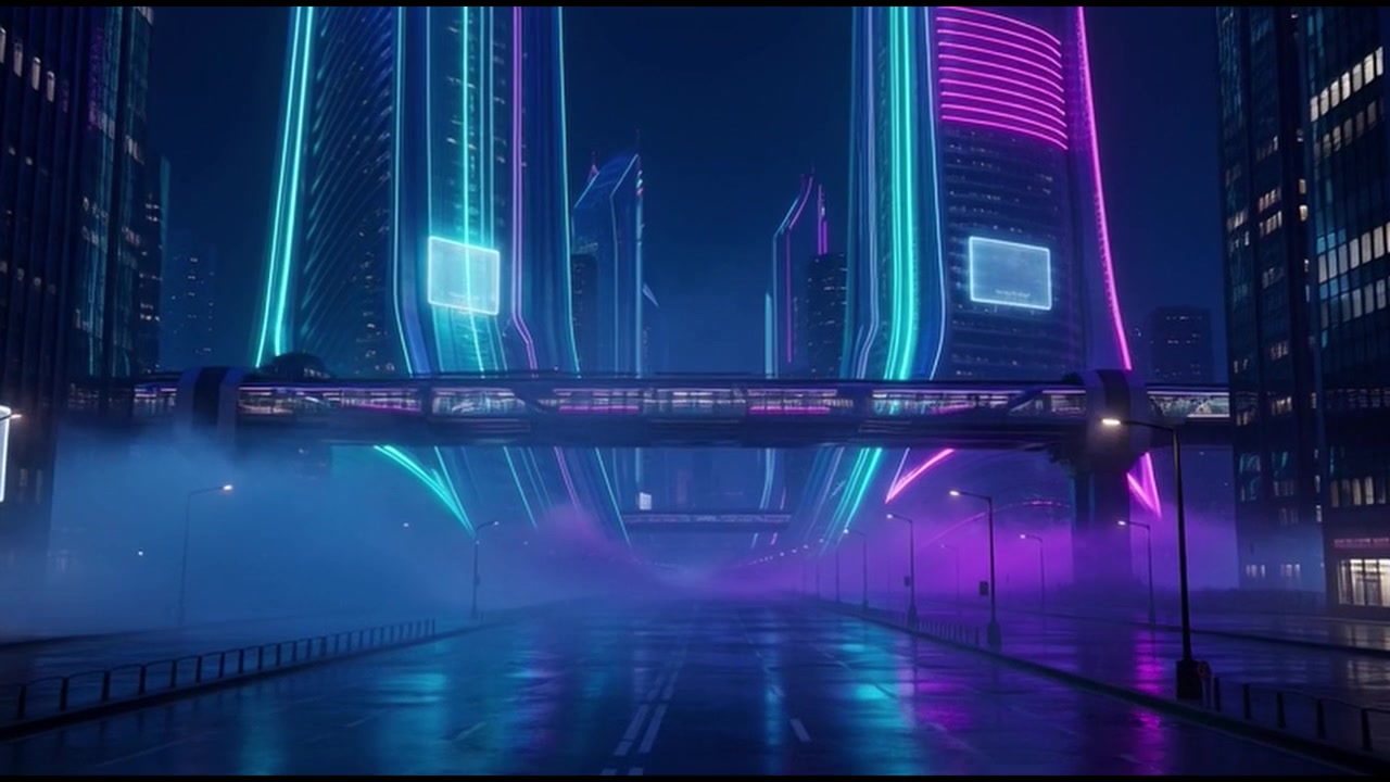 Paesaggio urbano futuristico con grattacieli al neon e strada nebbiosa di notte