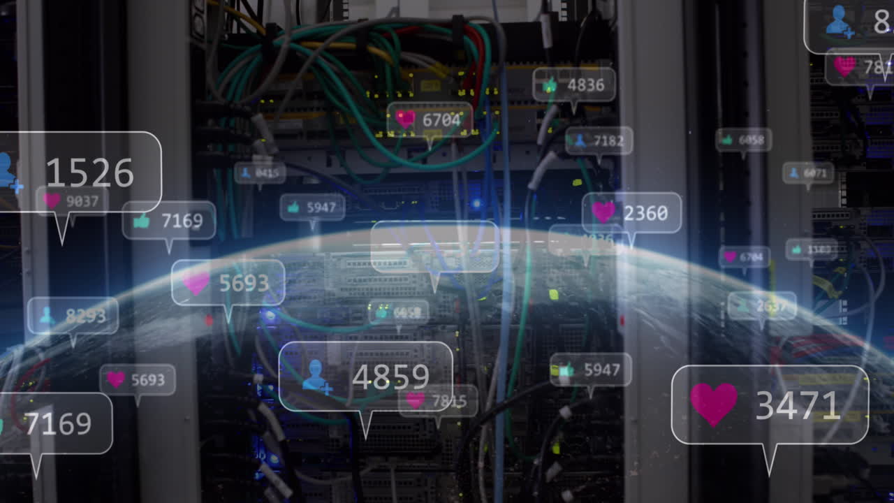 animación de iconos de redes sociales en todo el mundo y servidor de computadora