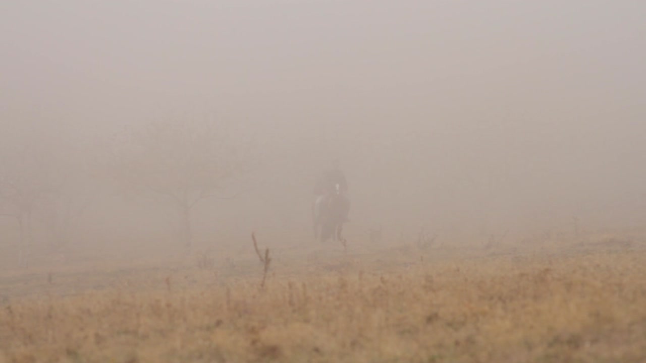 montar a caballo en el campo brumoso