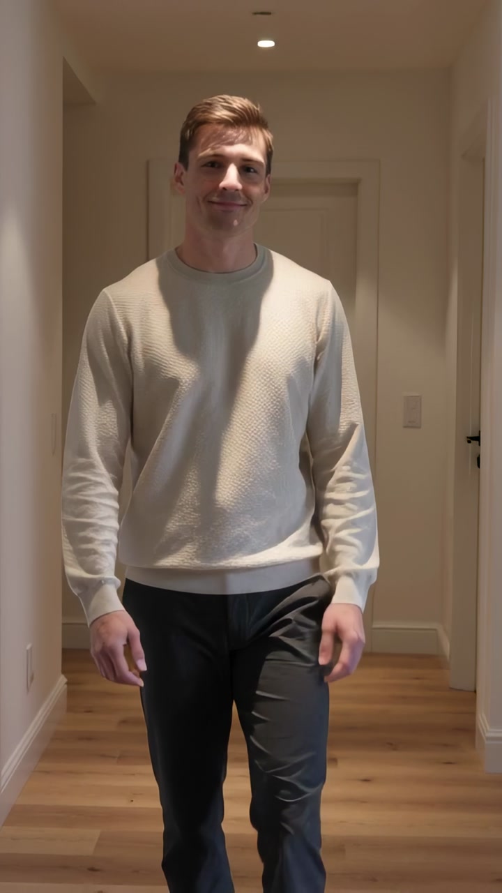 Vertical video: Walking man moving from far door toward camera in hallway, wearing sweater trousers