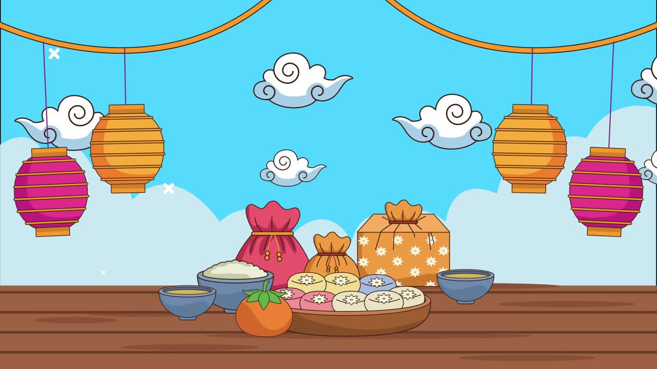 feliz celebración de chuseok con comida y linternas colgadas