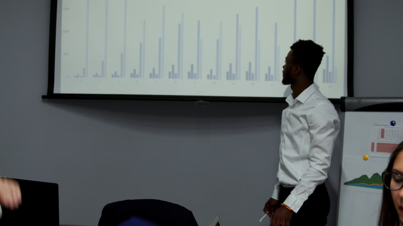 African american coach gives corporate presentation for businesspeople in office, dark skinned businessman presents new business plan on whiteboard, speaking to clients listening speaker at meeting