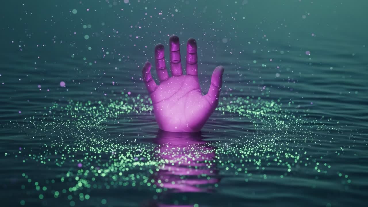 A Mesmerizing Glimpse of a Purple Hand Emerging from a Mystical Water Surface Surrounded by Sparkling Particles, Evoking Themes of Mystery and Enchantment