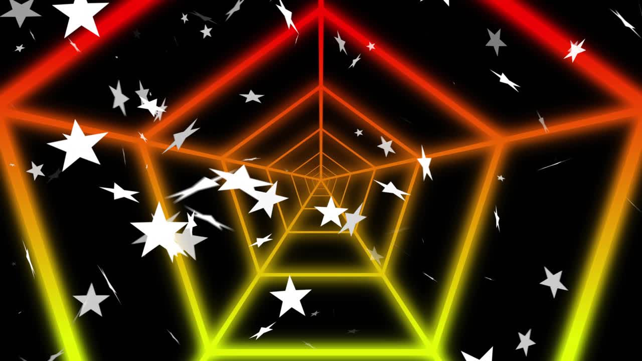 Camera pushing, neon pentagon tunnel and white stars drifting toward viewer, showing depth