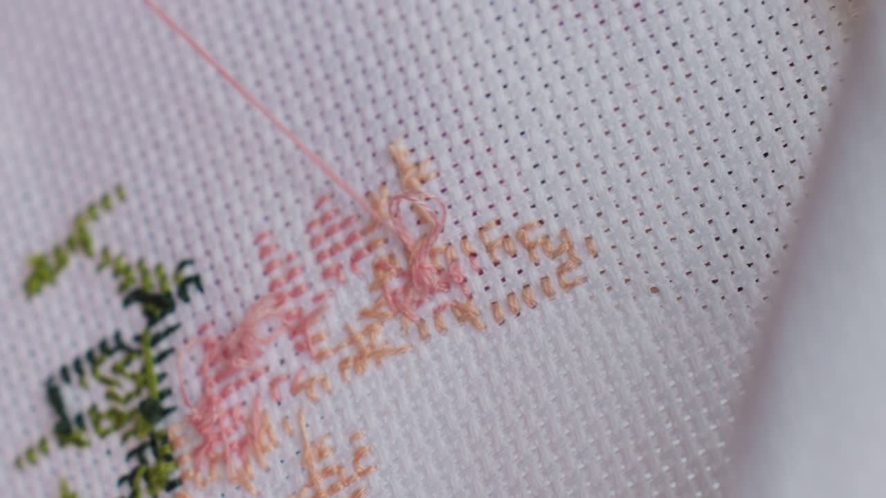 Extreme close up craft lady embroidering fabric with pink thread, gentle hand guiding needle through textured cloth, creating intricate pattern showing focus, patience, and delicate craftsmanship