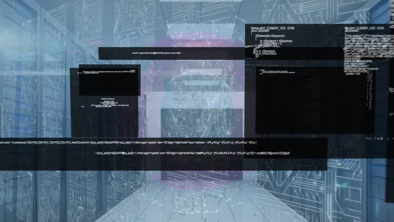 animación de pantallas con procesamiento de datos a través de conexiones de microprocesador contra la sala de servidores
