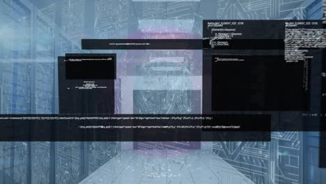 Animation-of-screens-with-data-processing-over-microprocessor-connections-against-server-room