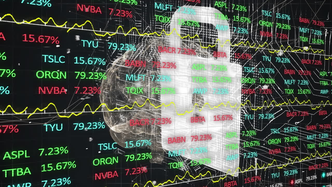 연결, 두뇌 및 디지털  ⁇ 락을 통해 금융 데이터와 그래프의 애니메이션