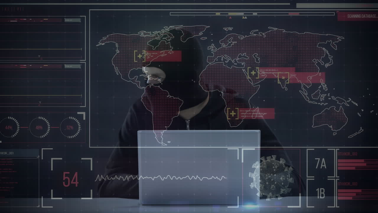Animation of data processing over hacker with laptop