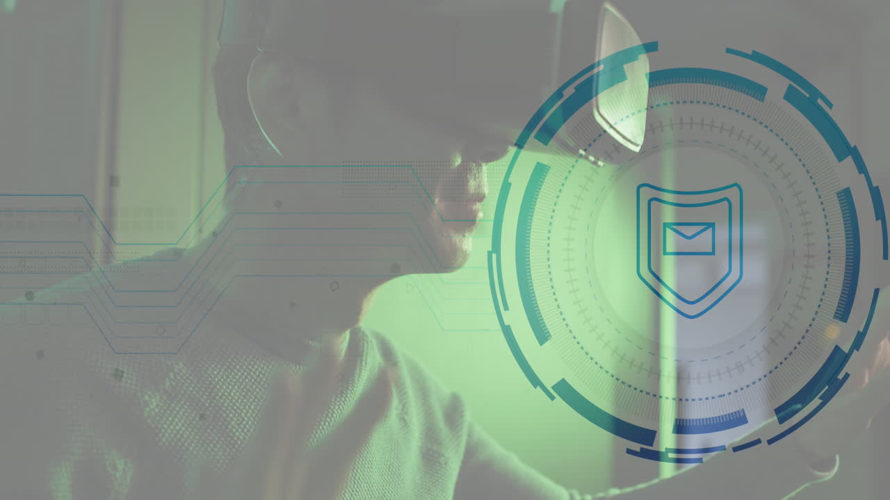 animación del sobre en círculos de escudo y carga, hombre biracial usando auriculares vr