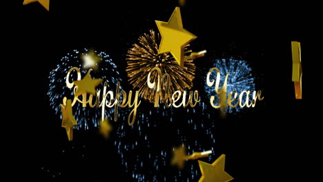 animación de felicitaciones de feliz año nuevo texto sobre estrellas y fuegos artificiales