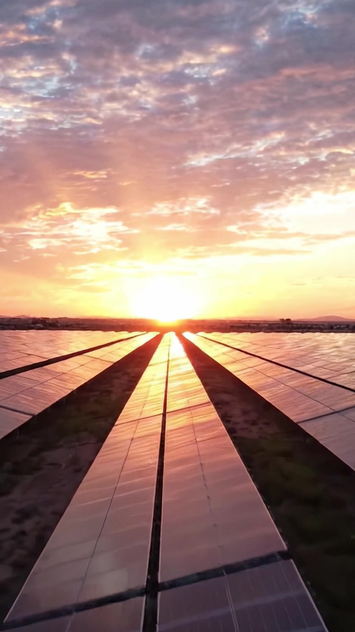 Fantastisk Solnedgang Over Vedvarende Energi: En Naturskøn Udsigt over Solpaneler Badet i Gyldent Lys, der Viser Harmonien Mellem Natur og Teknologi