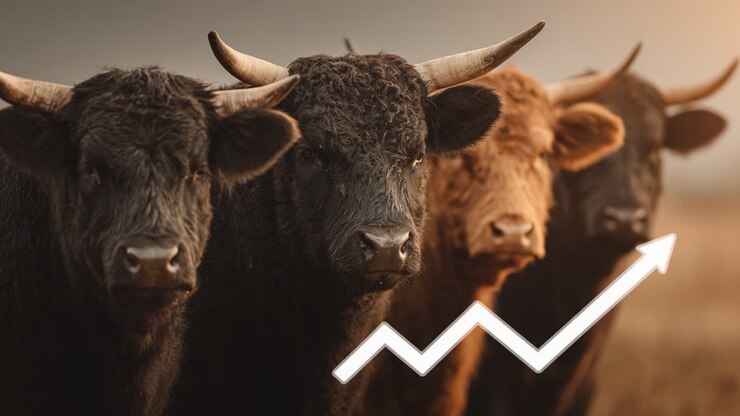 Un gruppo di bovini in un ambiente pastorale con una rappresentazione grafica della crescita, che simboleggia il successo agricolo e lo sviluppo dell'allevamento del bestiame.
