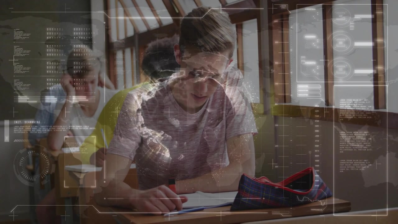 Male student writing at desk while HUD fading in centering over head mapping exam notes