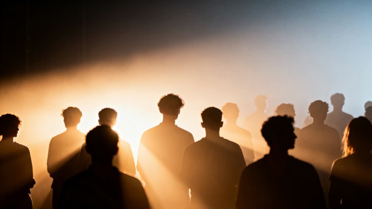Gruppo di adulti in piedi di fronte a un riflettore in studio, il fascio luminoso si intensifica, rivelando foschia durante le prove.
