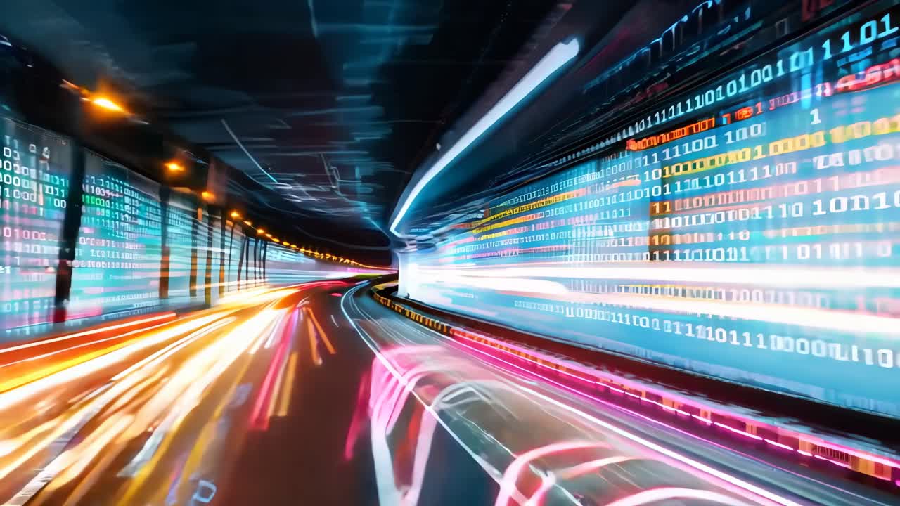 A highway with a long line of numbers on the side. The numbers are in different colors and are arranged in rows. The highway is empty and the numbers seem to be moving in a continuous stream