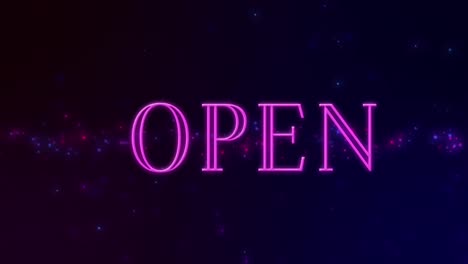 Animation-Eines-Neon-Open-Text-Banners-über-Leuchtenden-Blauen-Und-Rosa-Lichtpunkten-Auf-Schwarzem-Hintergrund