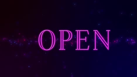 animation of neon open text banner over glowing blue and pink light spots on black background