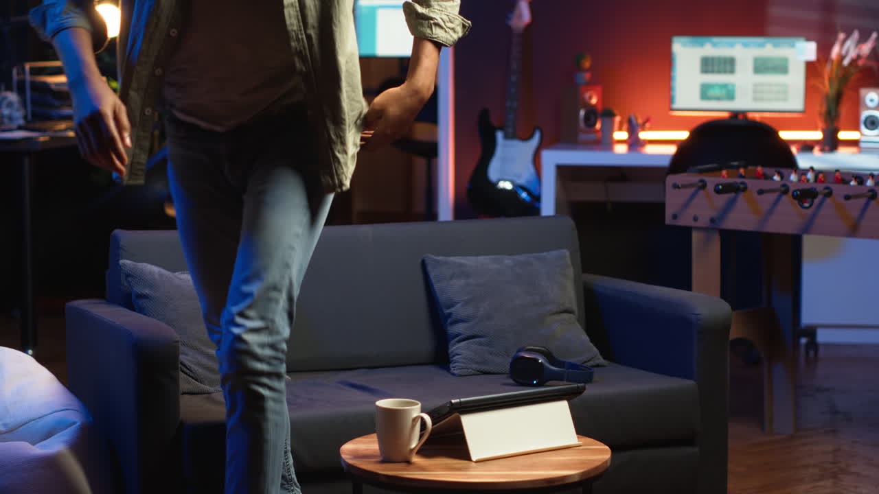 Vertical Video African american freelancer participates at a web class course on laptop