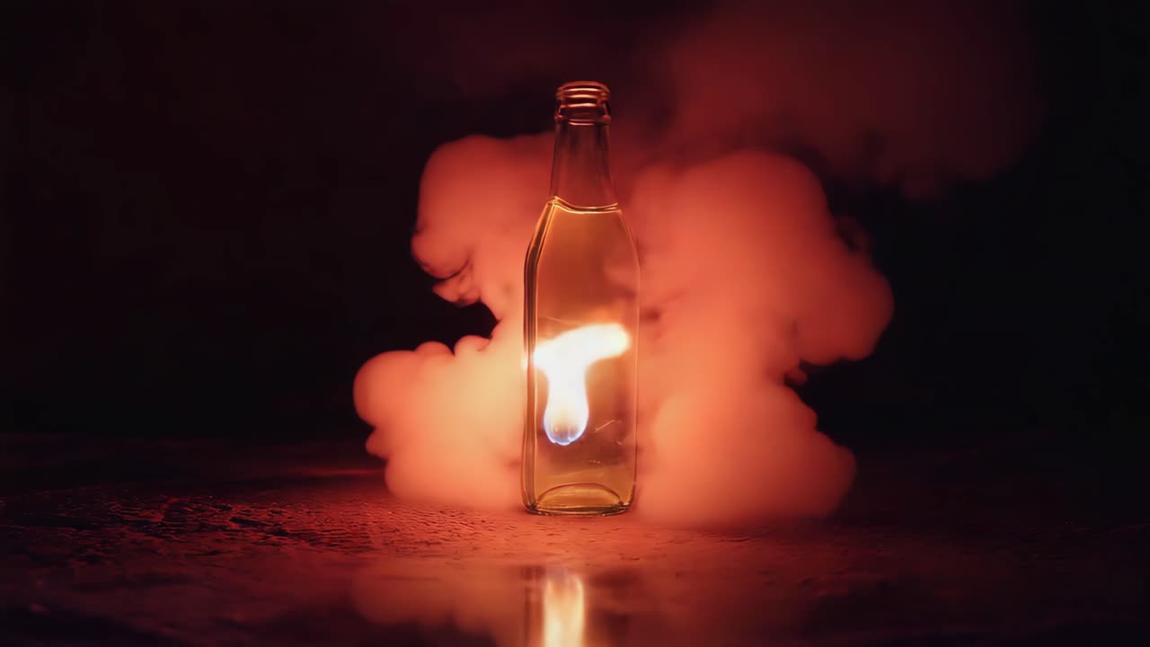 Bottle with Internal Flame Amidst Red Smoke