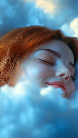 dreaming peacefully among soft clouds. a young woman with red hair rests serenely on a bed of fluffy clouds, enjoying a tranquil moment of relaxation.