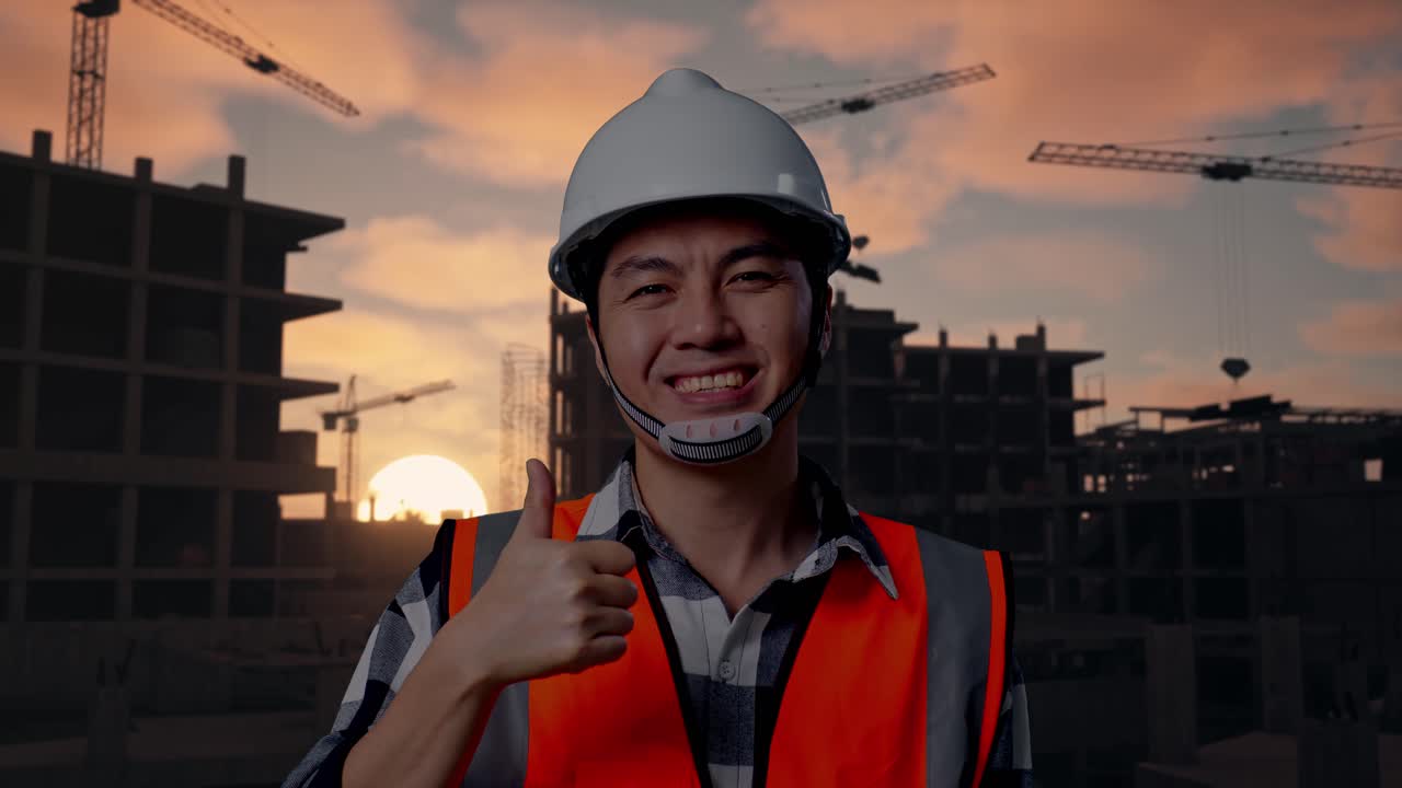 Close Up Of Asian Male Engineer With Safety Helmet Smiling And Showing Thumbs Up Gesture To The Camera While Standing At Building & Construction Site in Progress to New House