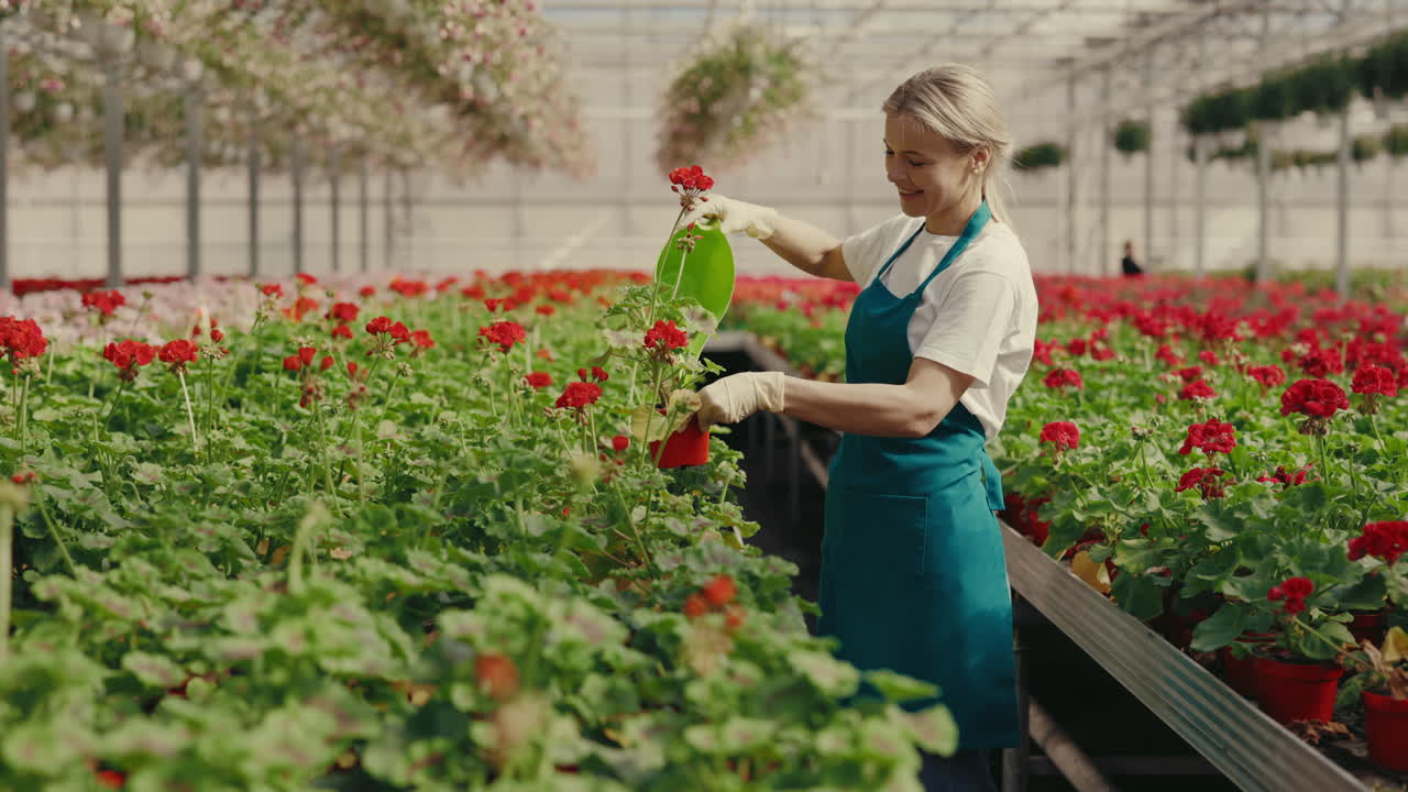 mujer regando plantas en un invernadero