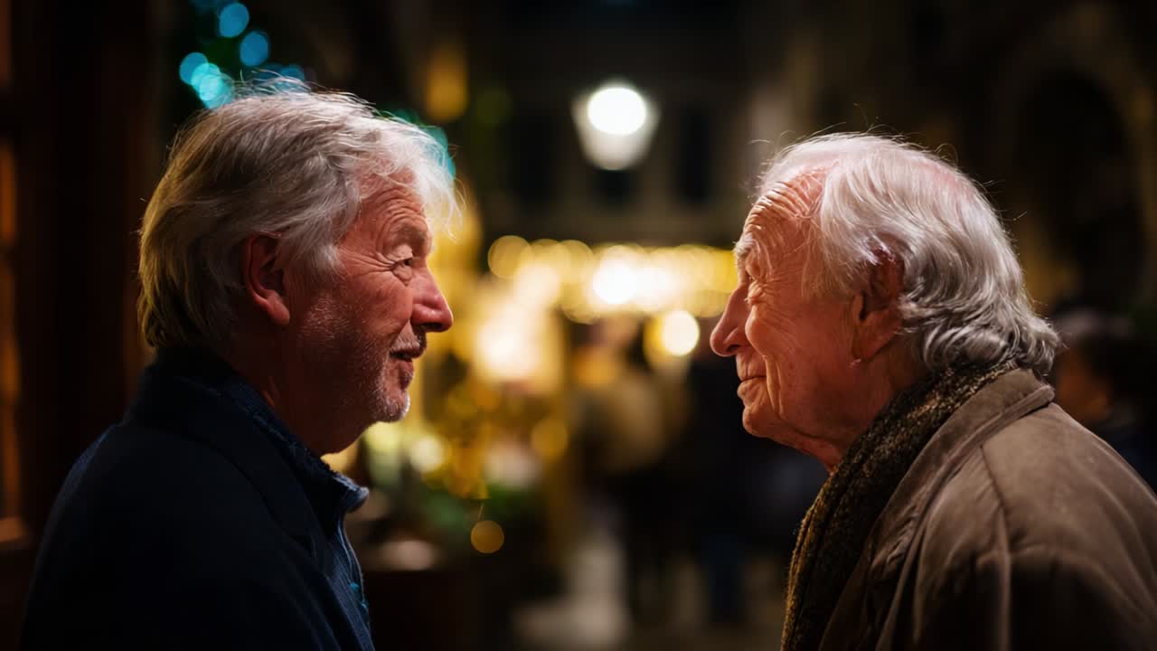 A Heartwarming Reunion: Two Elderly Friends Share Joyful Conversations Under Twinkling Lights in a Cozy Street, Celebrating Their Lifelong Bond and Cherished Memories Together in a Festive Atmosphere
