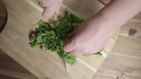 bird's eye view of chef chopping flat parsley