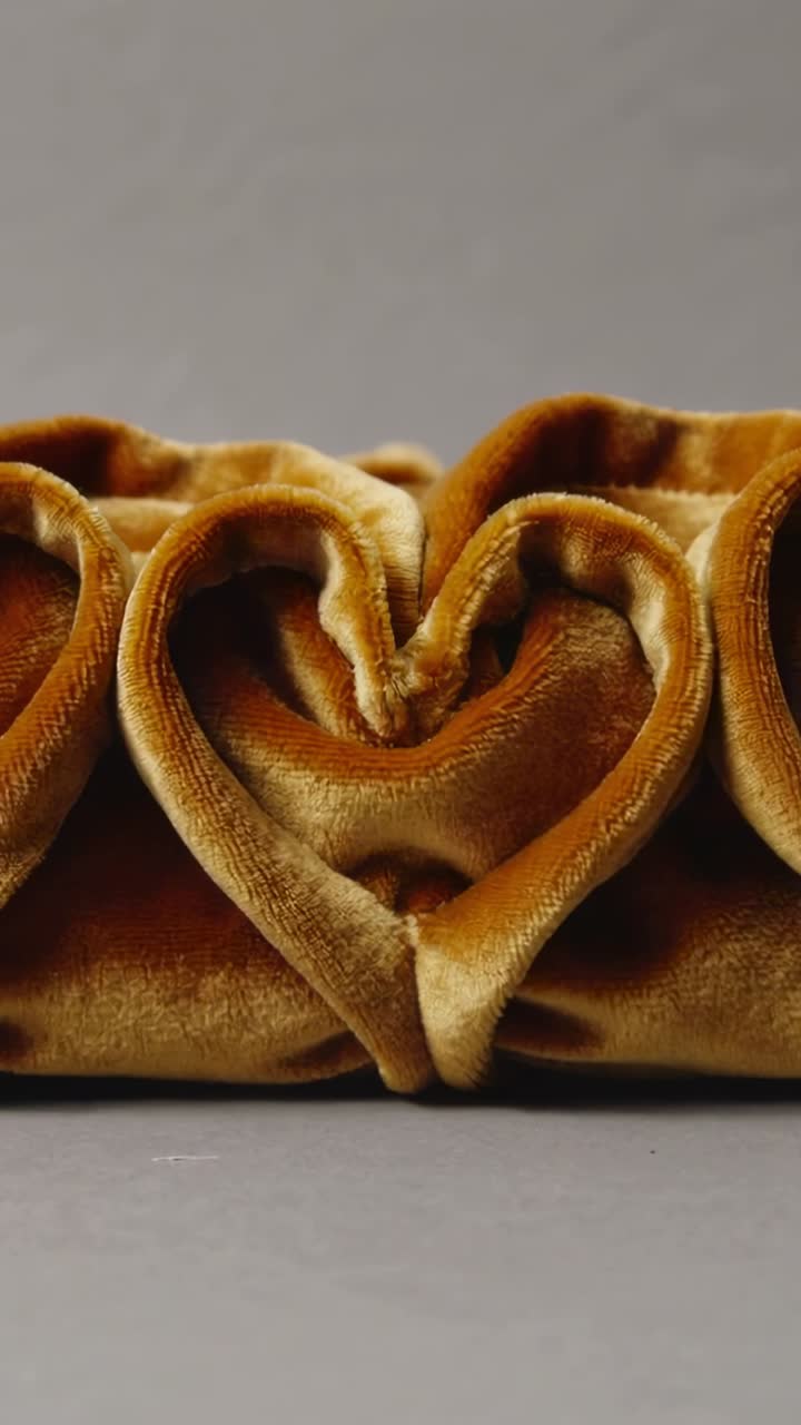 Vertical video: Shifting camera zooming to center heart on table, highlighting velvet sheen