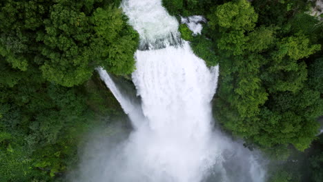 Powerful-Marmore-Falls-In-Umbria,-Italy---aerial-drone-shot