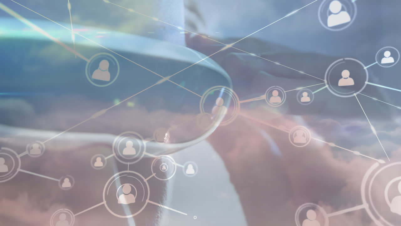 animación de la red de conexiones e iconos sobre el hombre que usa auriculares vr