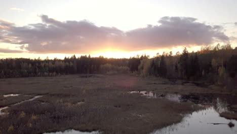 Dolly-Zoom-Effekt-Bei-Niedriger-Luftaufnahme-über-Dem-Teich-In-Richtung-Sonnenuntergang