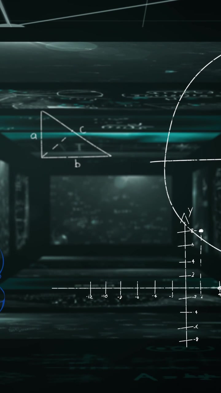Animation of mathematical equations and data processing on screens on black background