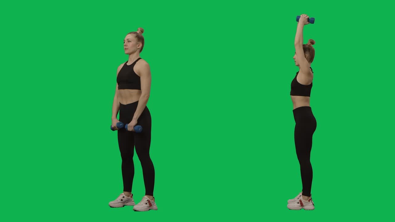 Young woman in sportswear does exercises with dumbbells. Hand workout, fitness for women. 2 in 1 Collage Front and side view full length on green screen background. Slow motion ready 59.94fps