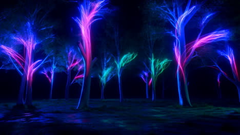 neon glowing trees in a dark forest