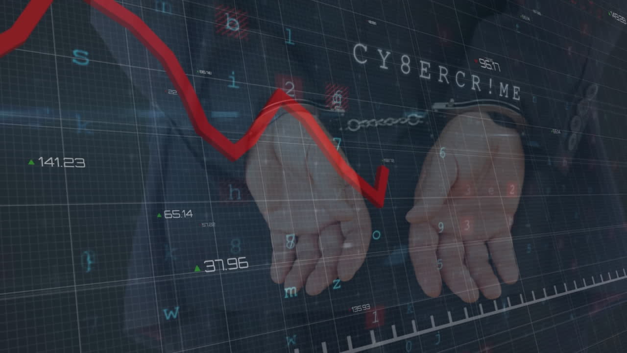 Animation of virus awareness text, data processing over businessman in handcuffs