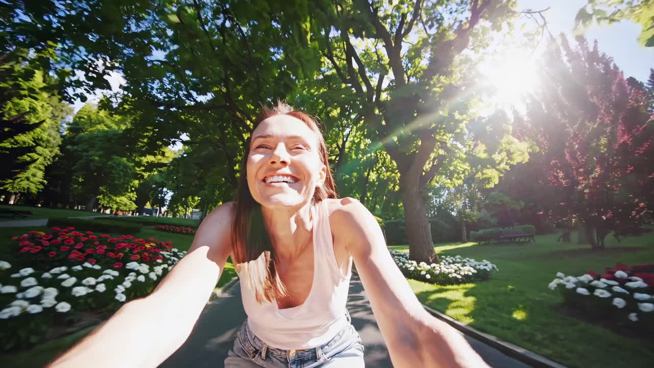 Uma mulher alegre anda de bicicleta em um parque ensolarado, capturada de uma perspectiva grande angular em ângulo baixo