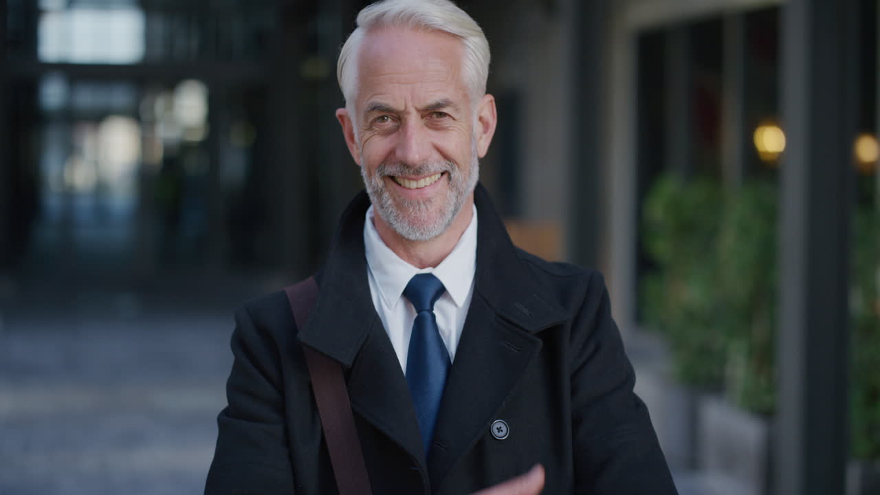 retrato exitoso hombre de negocios sénior sonriendo brazos cruzados ejecutivo disfrutando del éxito de la carrera profesional maduro empresario caucásico en la ciudad cámara lenta