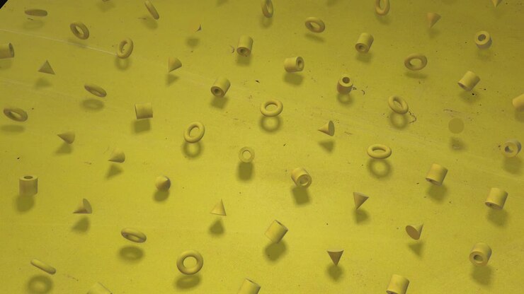 Giallo vivace. Animazione 3D di uno sfondo a contorno continuo di cubi, ciambelle e cilindri giallo brillante e solare, che ruotano. Ottimo per presentazioni. Inserisci il tuo testo.